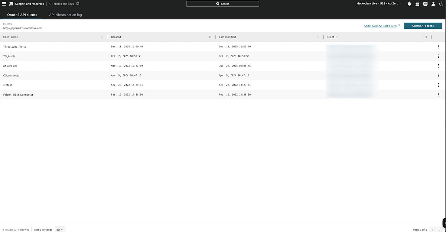 Screen shot of the CrowdStrike Falcon OAuth2 API clients page